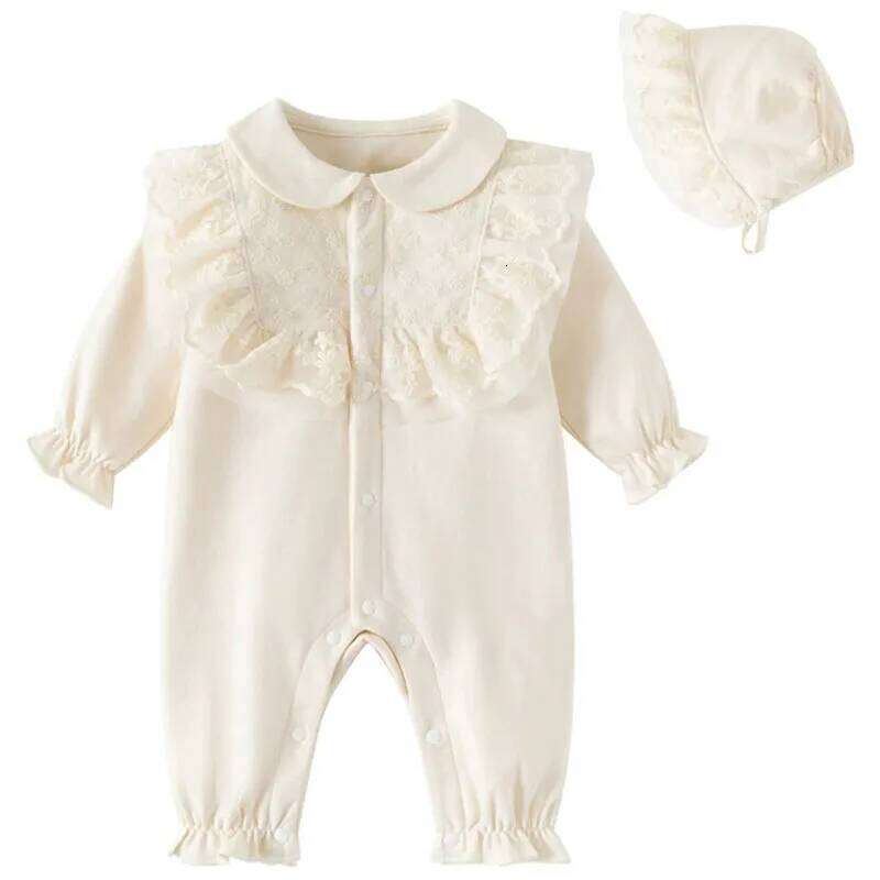 2Piece Sets Spring Autumn Baby Girl Clothes Korean fashion Cute Lace Peter Pan Collar Princess Jumpsuits+Hat Newborn Items B281 26H0224