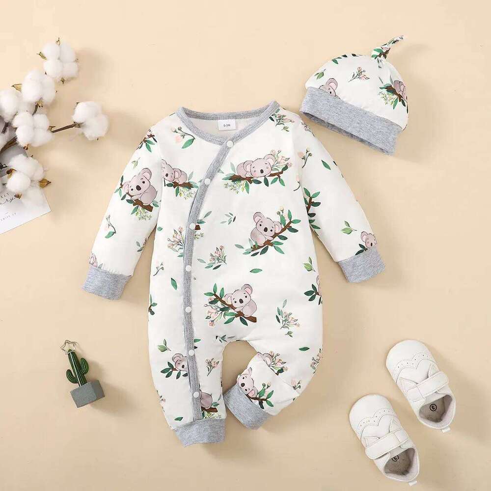 Winter Newborn Infant Boys Romper Bear Print Long Sleeve Button Up Front Rompers Kids Onepiece Soft Fashion Baby Clothing 26Y0224