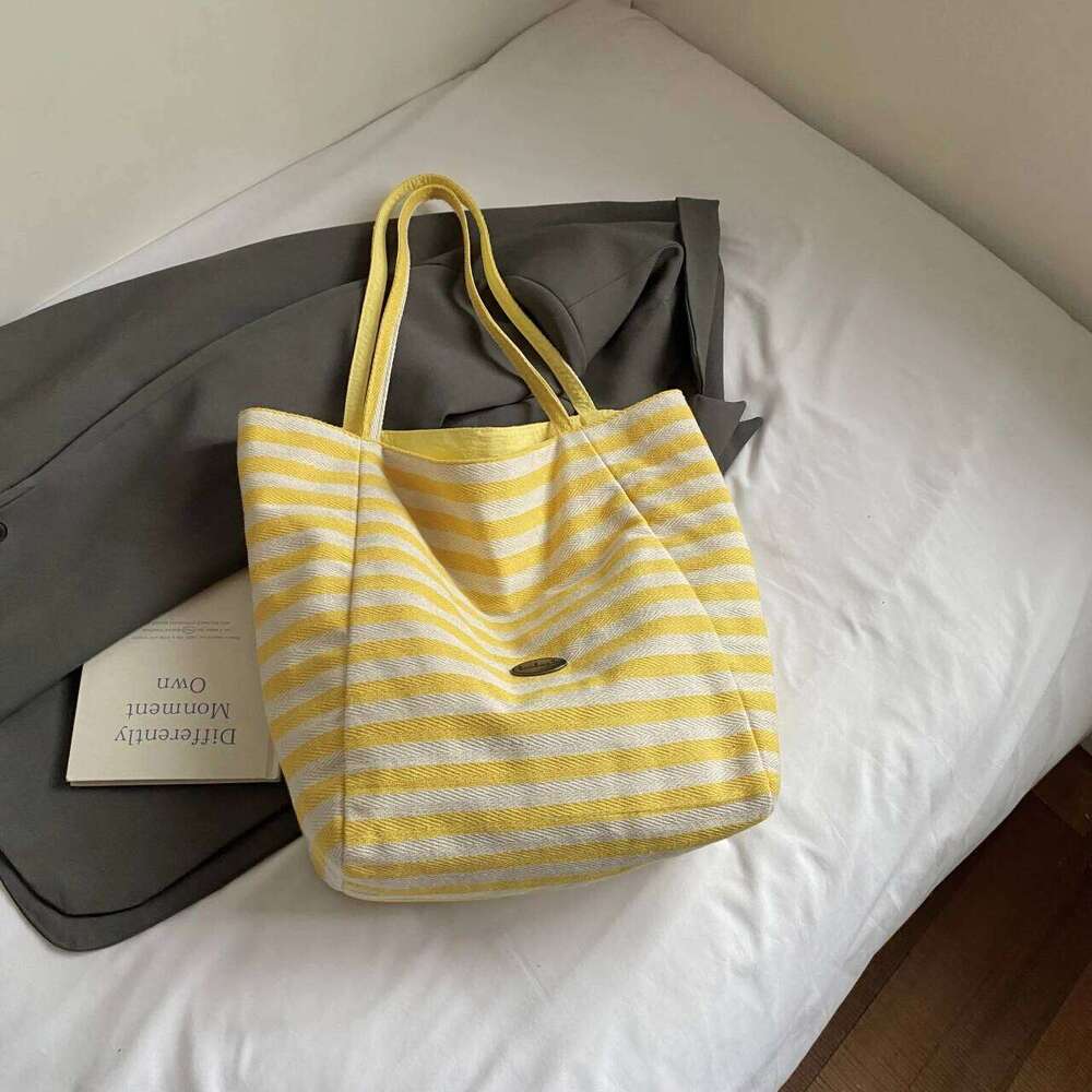 Double stripe canvas - Large capacity, relaxed style tote bag women, suitable for students and casual commuting, single Z260224
