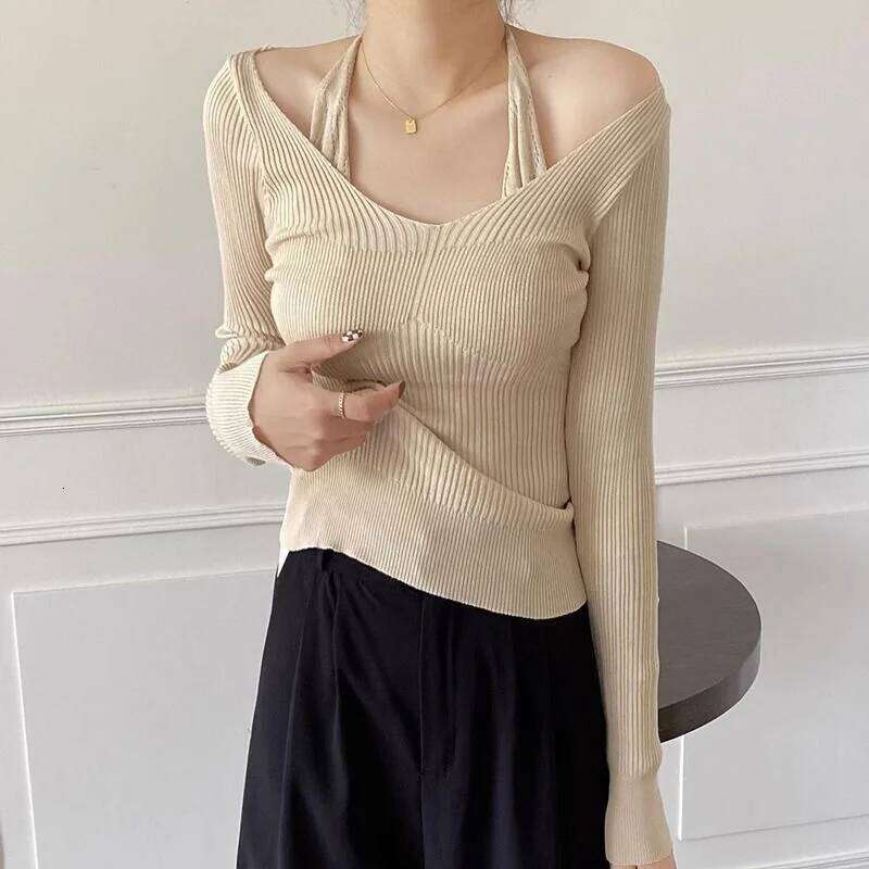 V-neck Halter Neck Sweater Women Slim Long Sleeve Autumn Design Korean Fashion Casual Top 26L0224