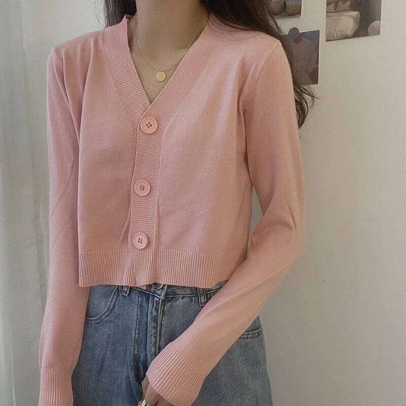 Solid Knitted 2024 Spring Autumn Long Sleeve Sweater Cardigan Women V Neck Short Top Office Ladies Slim Streetwear 26L0224