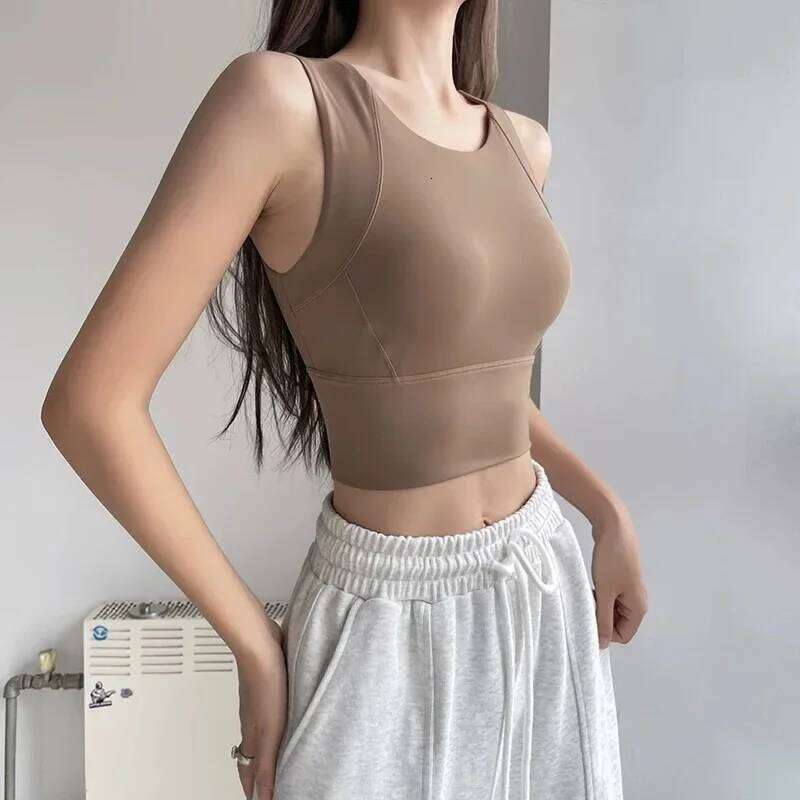 Women Solid Color Bra High Strength Shockproof Integrated Fixed Cup Breathable Outdoor Run Cycling Fitness Sports Vest 26Y0224