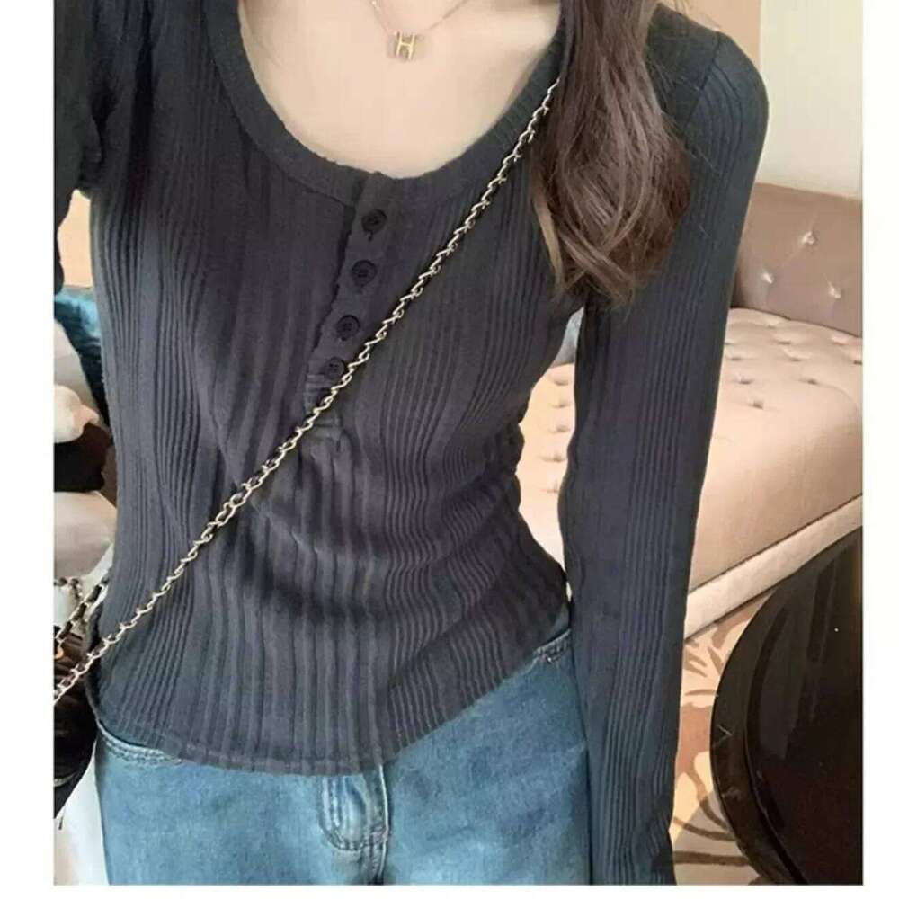 U-Neck Long-Sleeved T-shirt Female Spring & Fall 2024 New Arrival Korean Tops Sexy Sunken Stripe Brushed Inner Bottoming Clothes 26L0224