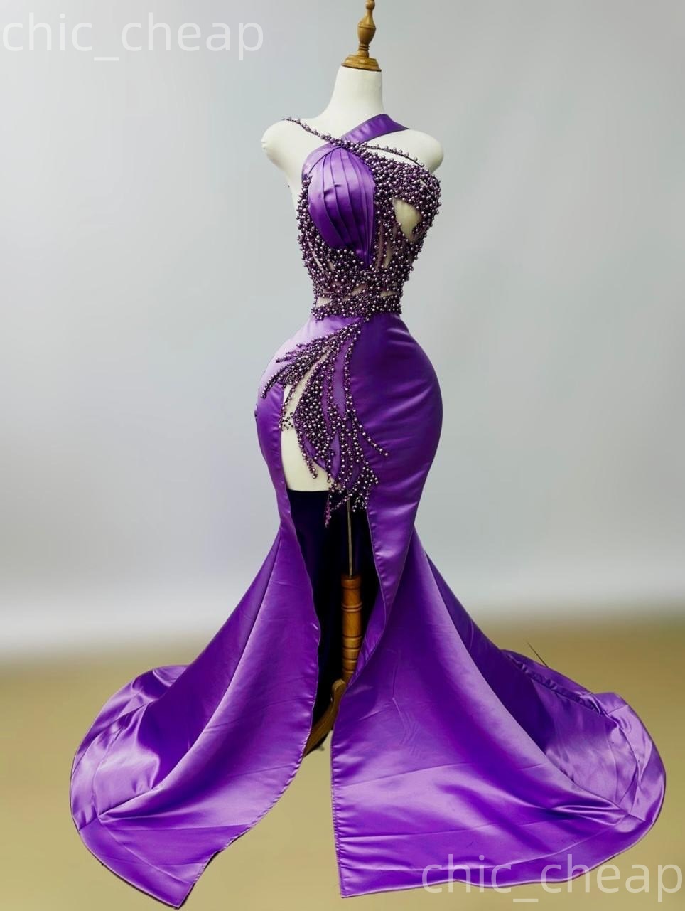 Aso Ebi Purple Mermaid Prom Dresses 2026 Pearls Spaghetti Satin High Split Evening Formal Party Second Birthday Engagement Gowns Dress For Special Occ