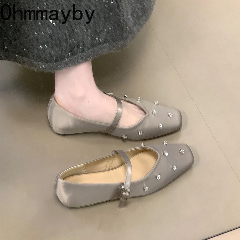 Crystal Square Toe Women Ballet Flats Ladies Elegant Dress Mary Jane Shoes 2026 Spring Autumn Concise Zapatos De Mujer 260130