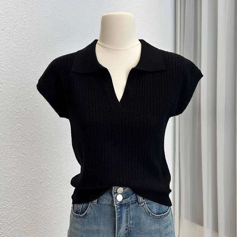 Solid-Color Knit Short-Sleeve T-Shirt for Women Neck Slim-Fit Versatile Top Chic Trendy Blouse Polo Shirts Mujer Tees 26W0224