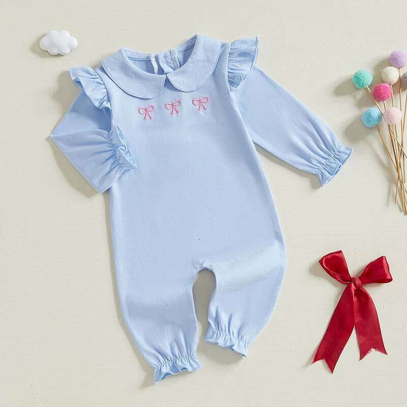 Newborn Girl Long Sleeve Jumpsuit Bow Print Peter Pan Collar Ruffle Romper Playsuit Baby Outfit 26H0224