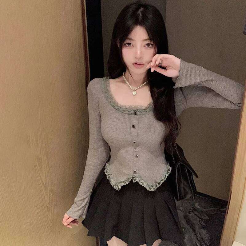 Autumn women's sweet lace square neck long sleeved top with casual button decoration knitted pullover 26L0224