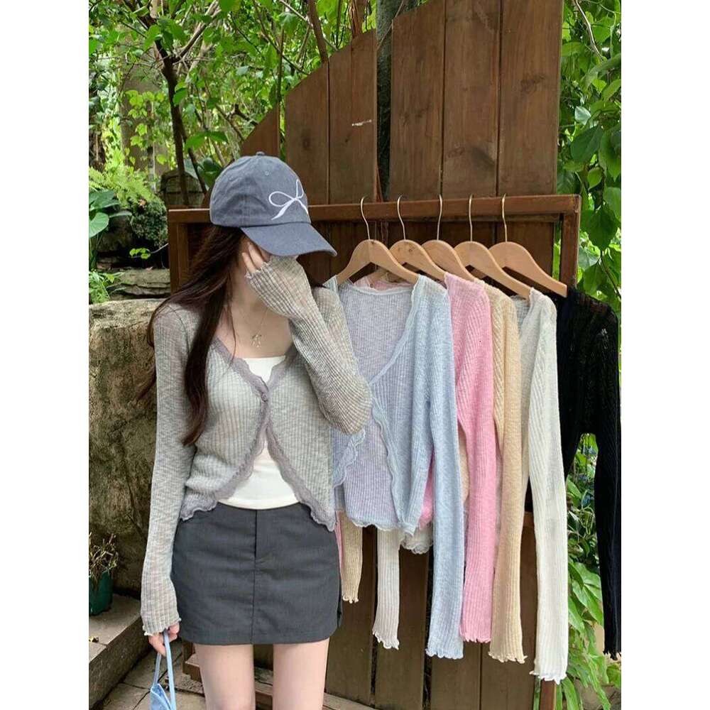 Lace Trim One Button Long Crop Top Women Short Sleeve Open Front Ribbed Knit Cardigan Sweater Summer Fairycore Outfit 26L0224