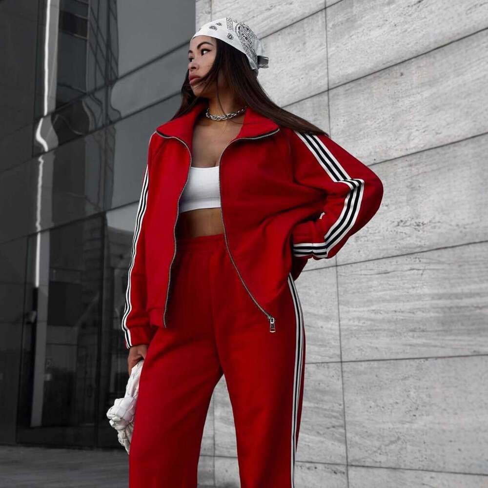 Women's s sweater suit striped jacket two-piece loose autumn and winter, Casual Wear, Elegant Style, High Neckline, Machine Wash red green black 