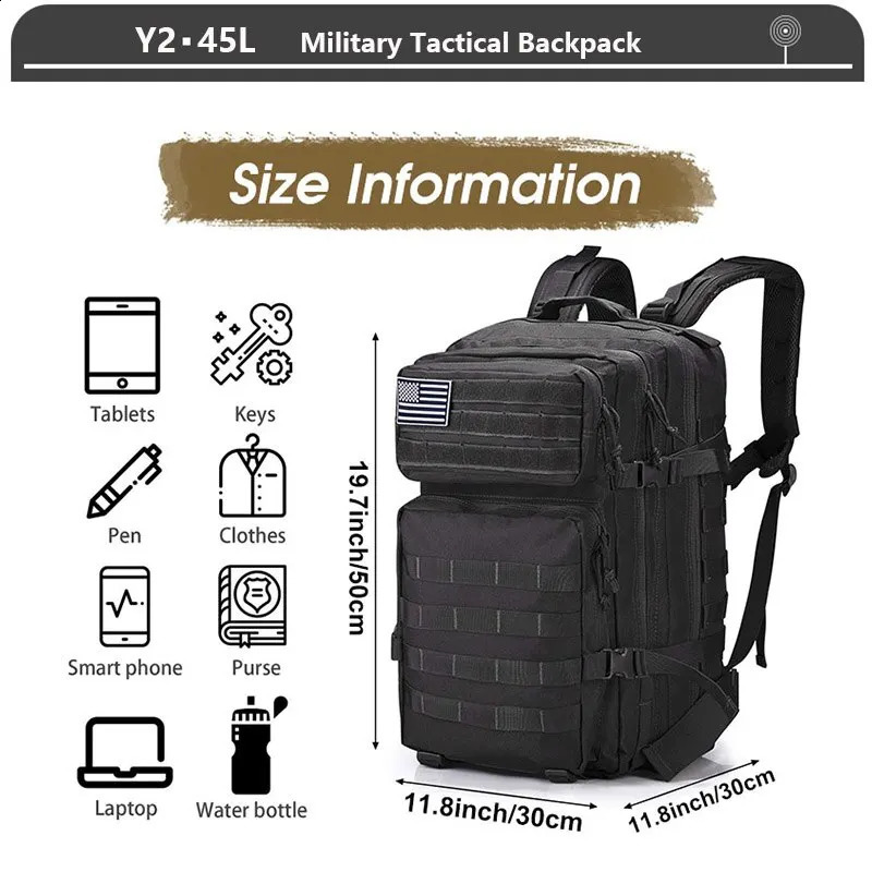 Tactical Backpack 3 Day Assault Pack Molle Bag 38/45L Large Outdoor Waterproof Hiking Camping Travel 600D Rucksack Men Fishing260128