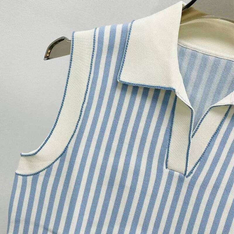 2024 Summer Knit T-shirt Tops Women Cropped Striped Sleeveless Polo Collar Vest Slim Fit Contrasting Tees Brand Clothing 26W0224
