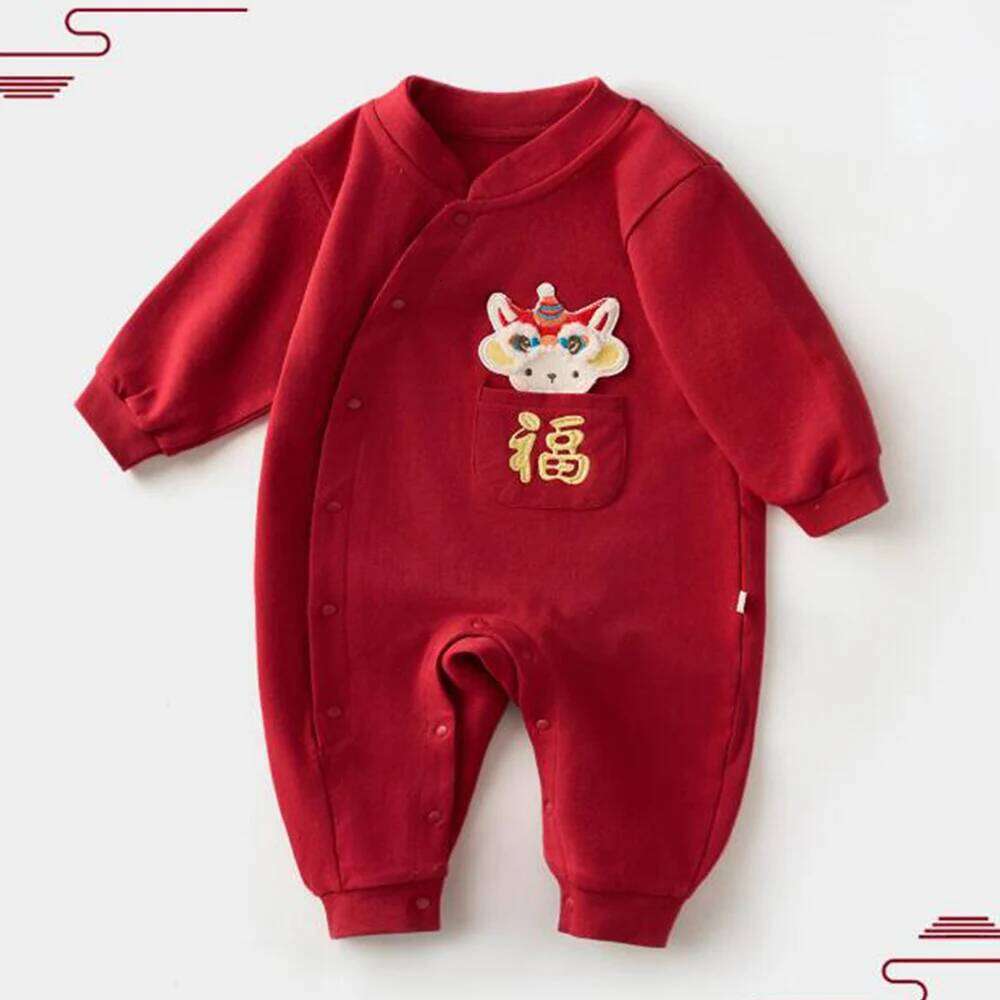 1st Birthday Girl Romper Long Sleeve Cotton Red Color Chinese Style Fall Unisex Infant Clothing Christmas Baby Boy Jumpsuit 26H0224