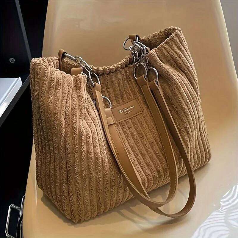 Large Capacity Corduroy Tote Chain Handbag Shoulder Bag for Women, Polyester Lining, Zip Closure, Black, Beige, Khaki, Green Z260224