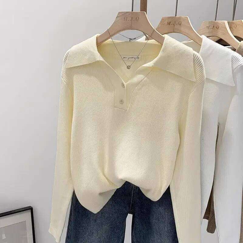 Women's Clothing Basic All-match Polo Collar Pullovers Autumn Winter Casual Loose Long Sleeve Sweaters Elegant Chic Button Tops 26W0224