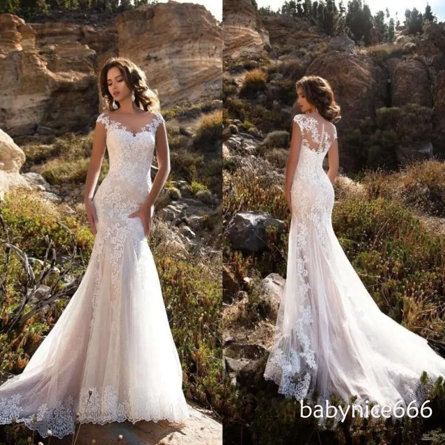 2026 Summer Garden Mermaid Wedding Dress Capped Short Sleeves Lace Appliqued Long Boho Beach Bridal Gowns Dresses Scoop Neck Back Buttons Vestidos De 