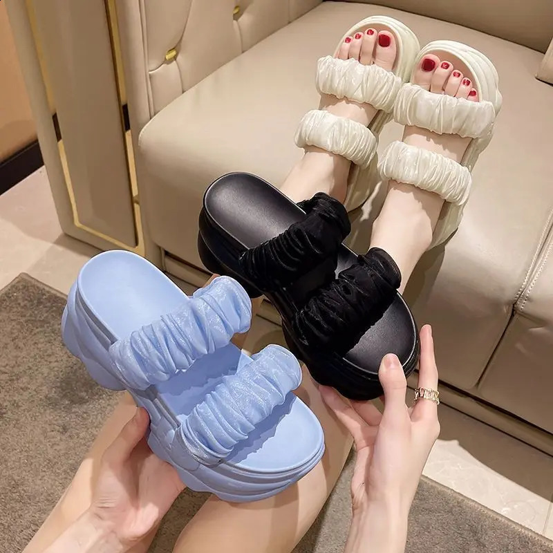 CINESSD Summer Platform Slippers Women Blue Pleated Riband Discolor Ladies Chunky Sole Beach Cool Wedges Slides Shoes Woman 260130