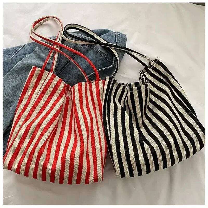 Female Casual Multifunctional Travel Top-handle Handbag Large Capacity Canvas Women Shopper Tote Simple Striped Shoulder Bag2025 Z260224