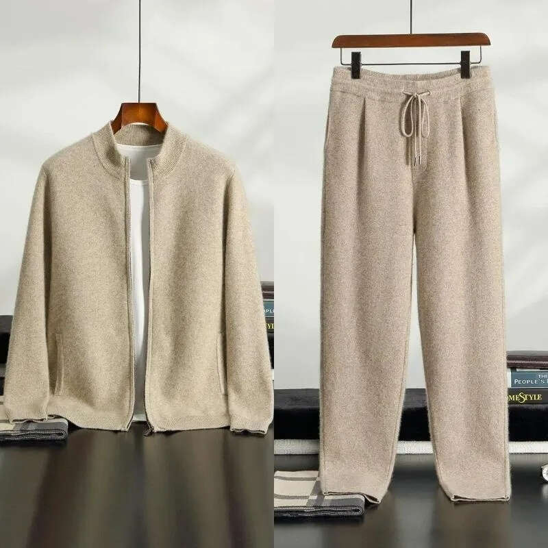 Men's Tracksuits Men Mock Neck Zippers Cardigan Cashmere Sweater Pants Sets Elastic Waist Pencil Trousers Knitted Thicken Clothing Free Shipping