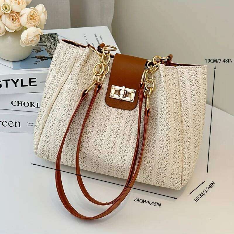 Elegant Women's Fabric Shoulder Bag with Adjustable Chain Strap Front Flap Button Closure Professional Use, Woven Handbag Z260224
