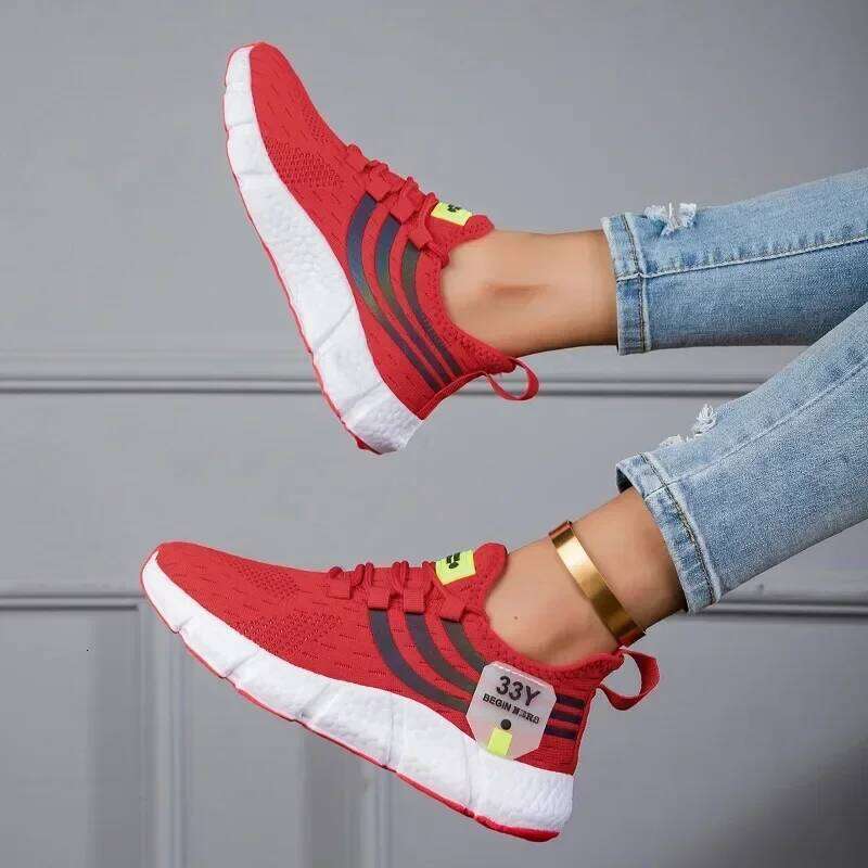 Women's Sneakers New Fashionable Breathable Flat Vulcanized Shoes 2025 Summer Mesh Knitted Lace Tenis Jeans Female Footwear