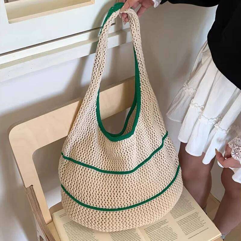 Trendy Bohemian Knitted Shoulder Hollowed Out Sweet Crochet Tote Large Capacity Spacious Sundries Storage Bag Vacation Z260224