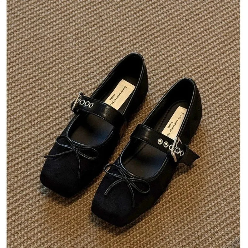 2026 Spring Bow Square Toe Shallow Single Shoes One Buckle Vintage Mary Jane Womens Shoes 260130