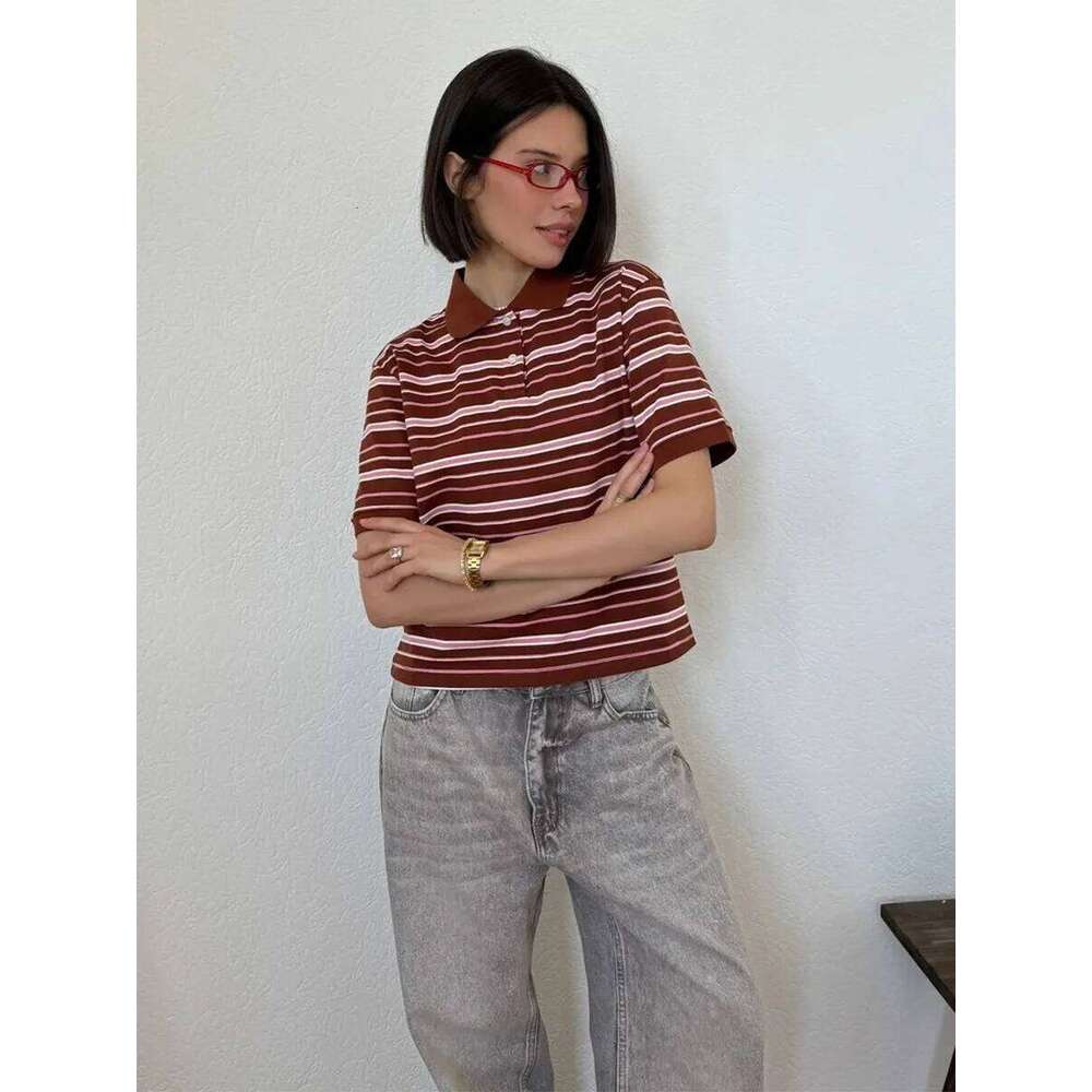 Sumuyoo Women's Retro Striped Polo T-Shirt Loose Fit Short Sleeve Casual Knitted Shirt Fashionable Summer Top for Ladies 26W0224