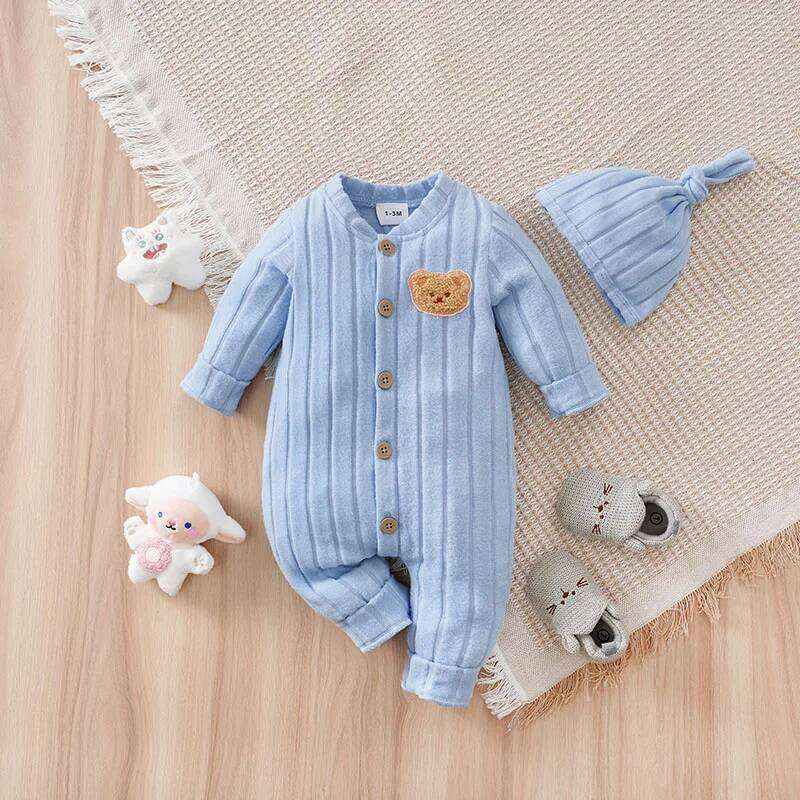 Autumn and Winter Comfortable Blue Baby Onesie Free Hat Included Toddler Jumpsuit Soft Casual Lovely Bear Newborn Knitted Trendy 26Y0224