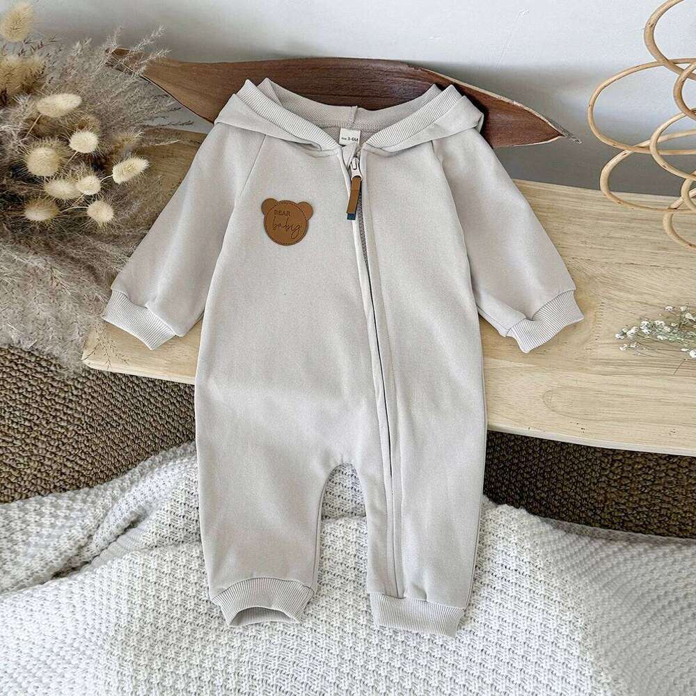 Korean Style Autumn Baby Boy Girl Clothes Hooded Cute Solid Color Zipper Jumpsuit Fashion Casual Comfortable Breathable Bodysuit 26Y0224
