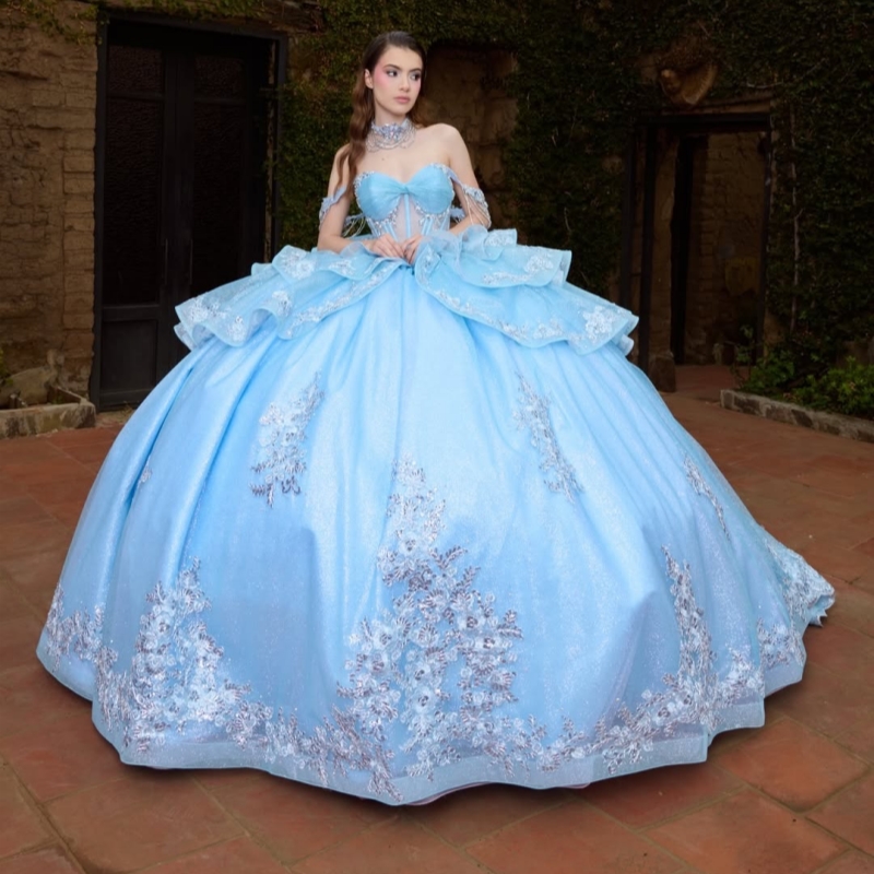 Sky Blue Shiny Quinceanera Dresses Ball Gown Off The Shoulder Applique Lace Beading Crystal Bow Tull Party Birthday Sweet 16 Vestidos 15 De Anos
