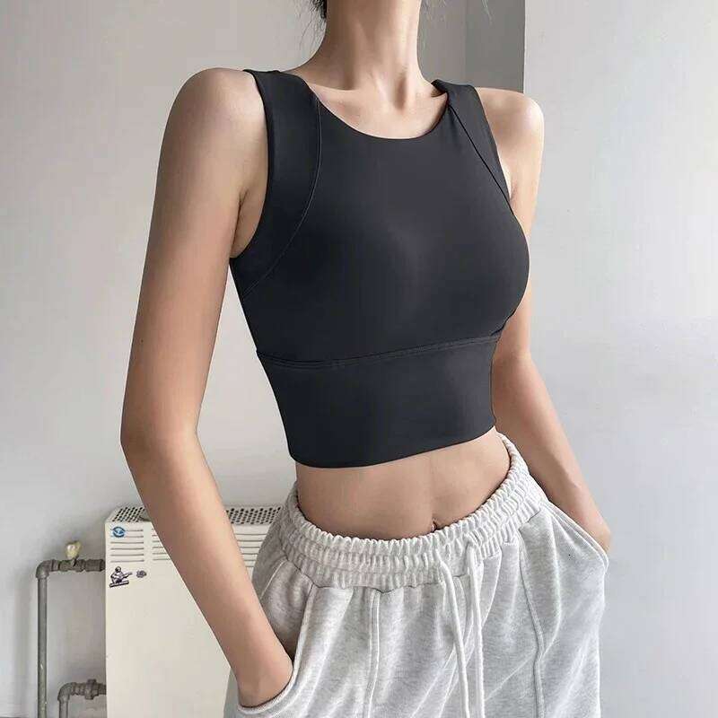 Women Solid Color Bra High Strength Shockproof Integrated Fixed Cup Breathable Outdoor Run Cycling Fitness Sports Vest 26Y0224