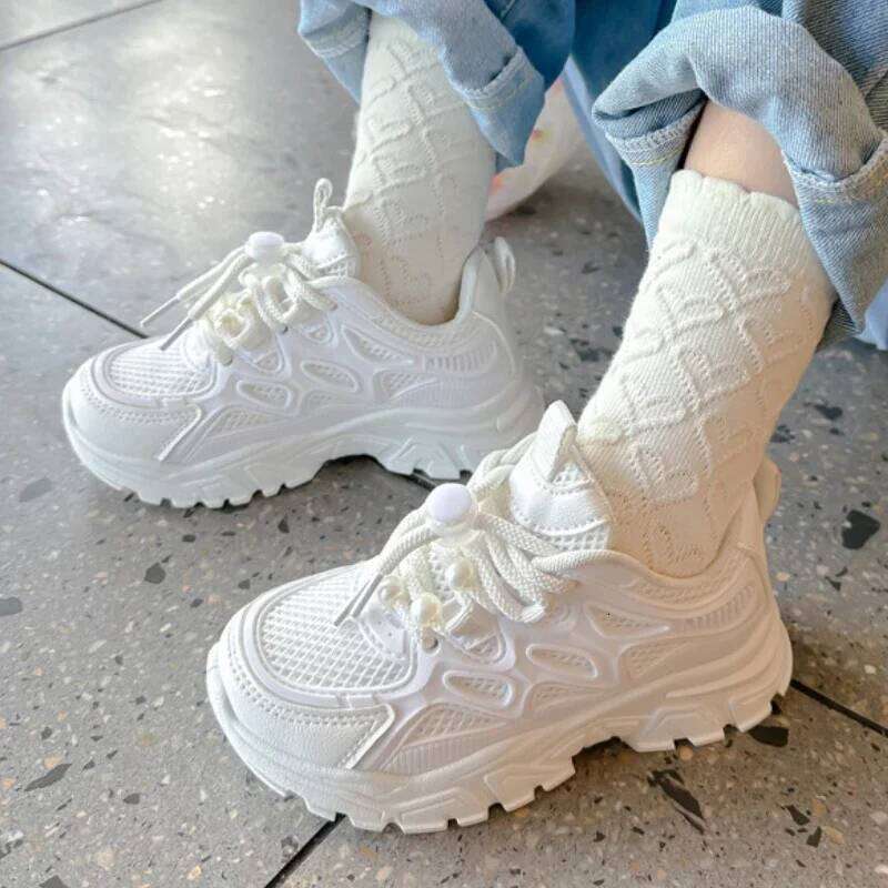 Kids Girls School White Casual Solid Color Mesh Sports Shoes for Toddlers Fashion Lightweight Children's Running Sneakers 26W0224