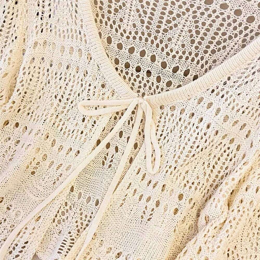 Women's Summer Lace Knit Cardigan Long Sleeve V-neck Openwork Crochet Tie Front Sun Protective Shawl Versatile Cover-Up for Fall 26L0224