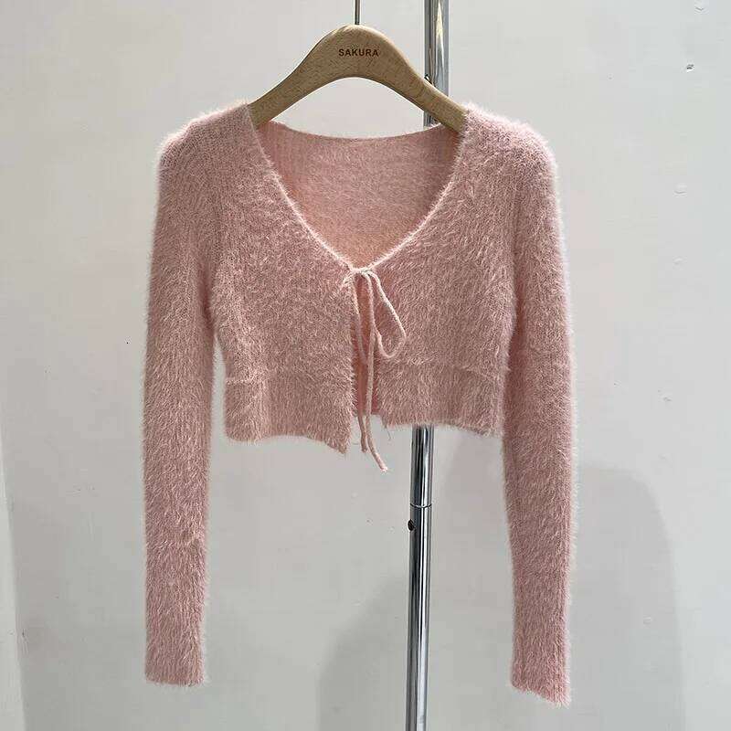 2026 New Autumn Women V-neck Long Sleeve Knitted Sweaters Bow Lace Up Solid Color Slim Short Casual Cardigans Tops 26L0224