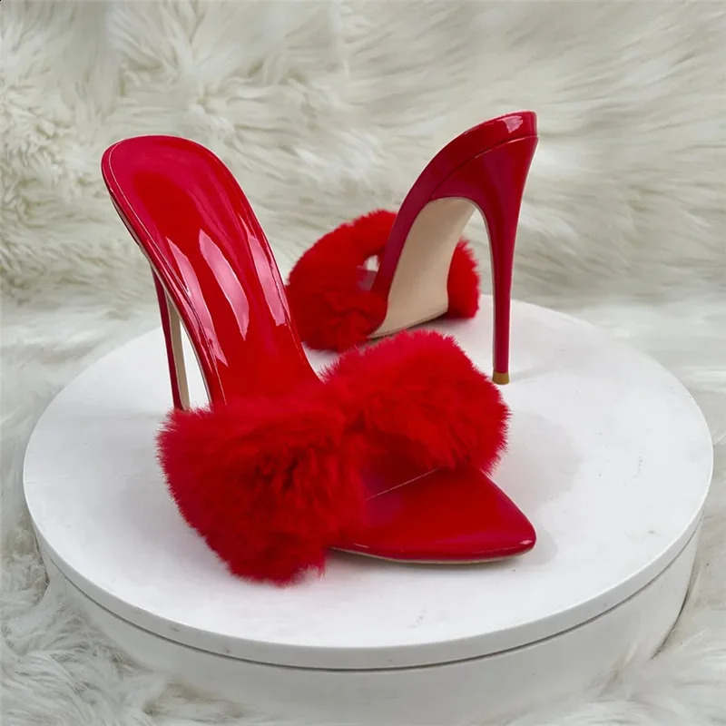 Sexy red faux fur women slippers 12cm high heels pointed toe dress dating party fashion shoes women sandals plus size LX050 260124