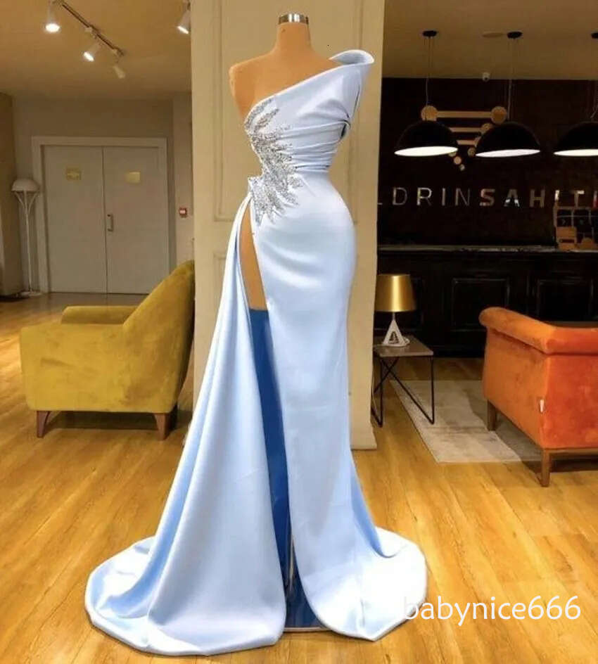 Light Blue Split Evening Dresses New Sexy One Shoulder Waist Peplum Beads Crystals Formal Occasion Prom Party Gowns BC18482