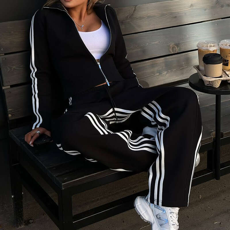 Side Striped Sports 2 Piece Sets Women Streetwear Outfits 2025 Autumn New Casual Long Sleeve Top and Pant Casual Tracksuit Suit black