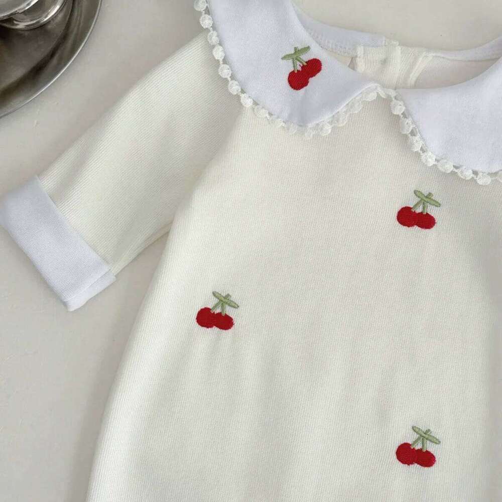 Spring Autumn Baby Girls Romper Soft Fabric Peter Pan Collar With Cherry Embroidery Newborn Infant Casual One-piece Clothing 26H0224