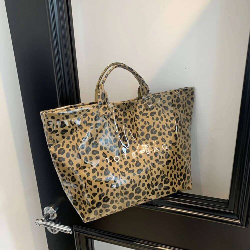 PVC For Women's Letters Leopard Print Large Kraft Paper Tote Carry All Bag Top Handle Clear Handbag Z260224
