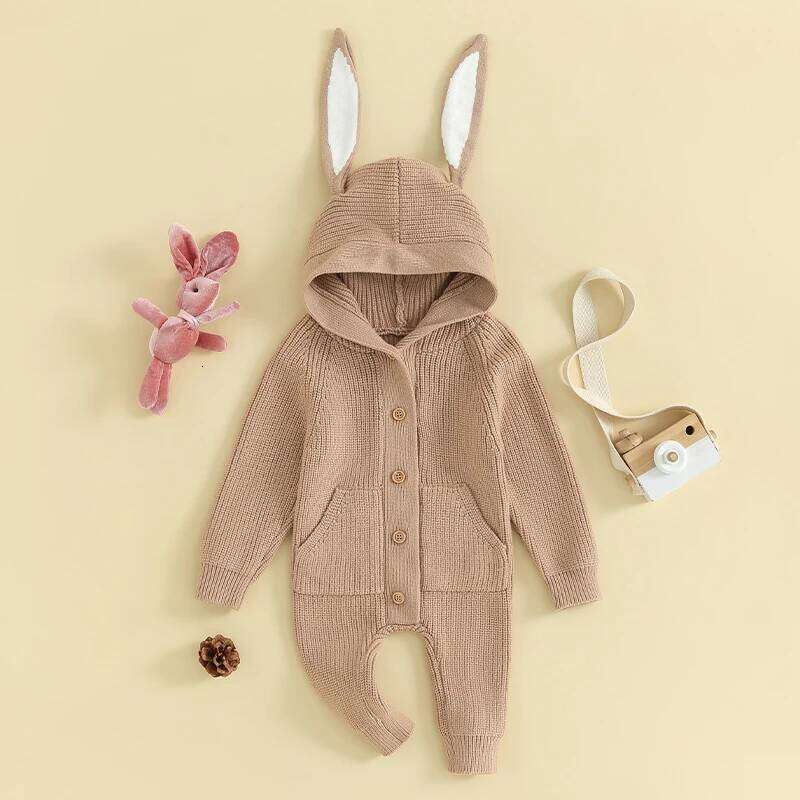 FOCUSNORM 0-18M Autumn Spring Baby Girls Boys Knit Rompers Bunny Ears Hooded Long Sleeve Single Breasted Jumpsuits 26H0224