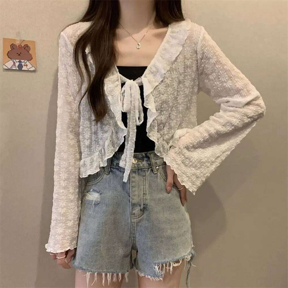 New Polyester Sunscreen Cardigan Lace-up Knitwear Tops Long Sleeve Thin Coat Women 26L0224