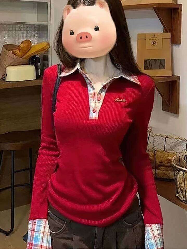 Preppy Polo Neck Knit Plaid Long sleeve T shirt Women False 2 Piece Basic Top V neck Button Blouses Tees 2025 New 26W0224