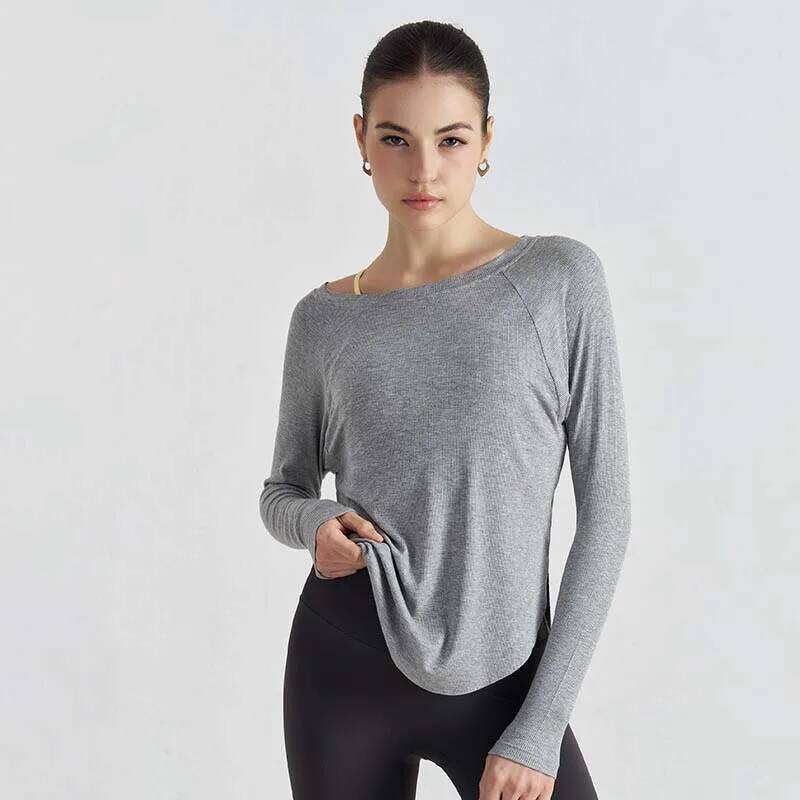 SOISOU Ribbed Round Yoga Top Loose Fit Women's O Neck Pilates Pullover Sports Long Sleeve High Elastic Fitness T Shirt 26Y0224