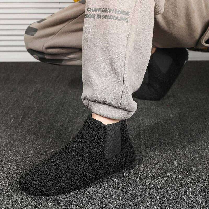 Winter Cotton Warm Plush Lined Indoor Male House Slippers Outdoor Men Walking Ankle Boots Man Casual Flats Shoes