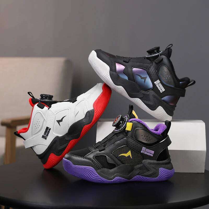 Black Kids Basketball Shoes with Quick Lace System Luxury Tenis Sport Sneakers for Boys School High Top Athletic Footwear Style 26W0224