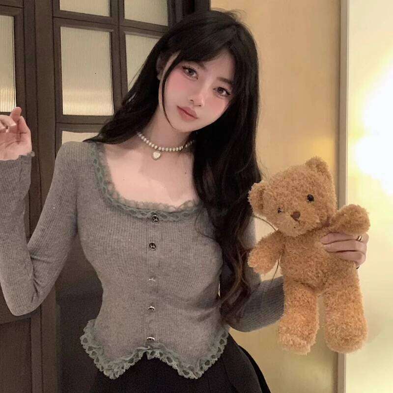 Autumn women's sweet lace square neck long sleeved top with casual button decoration knitted pullover 26L0224