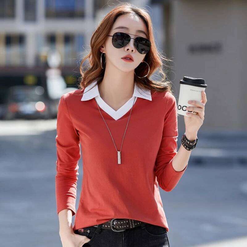Women's Cotton Long Sleeve Polo Shirt 2026 New Loose Fit Casual Blouse Contrast Color Collar Fashion Autumn Top for Daily Wear 26W0224