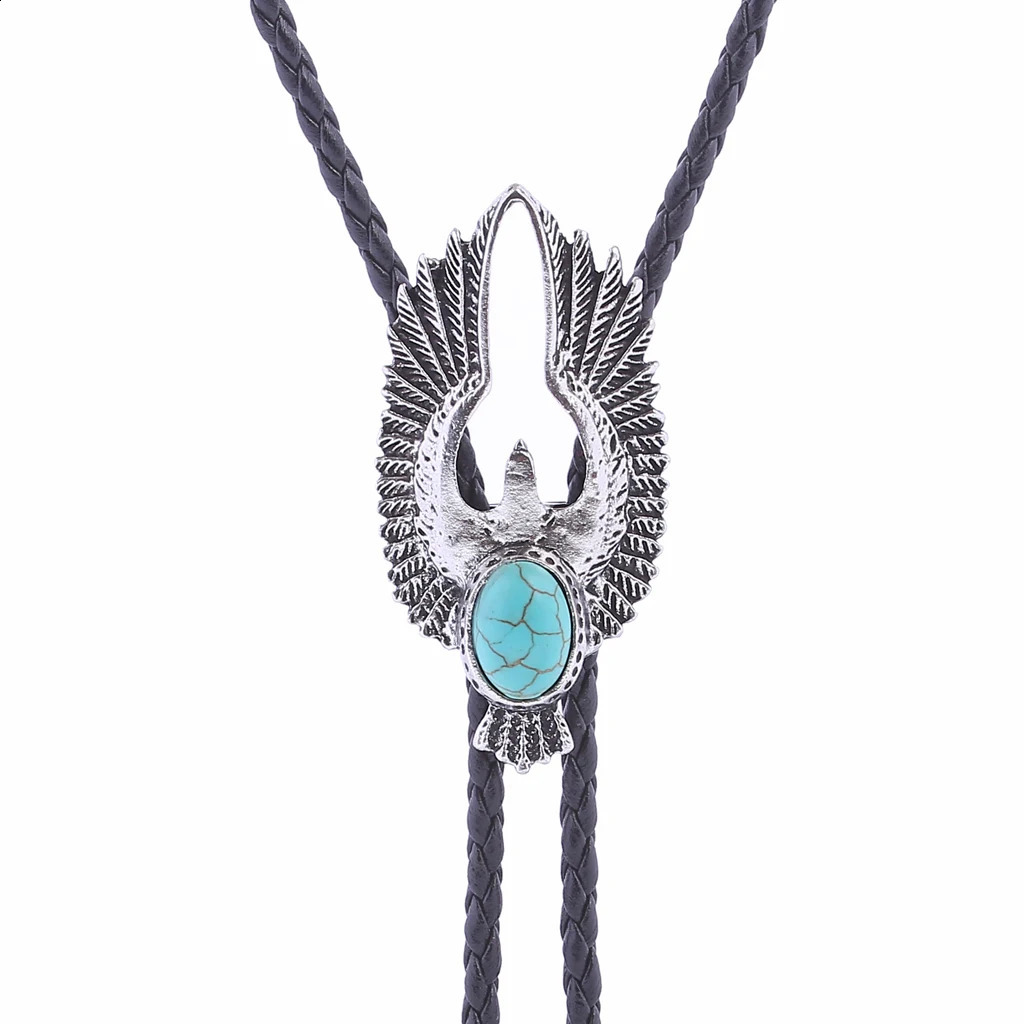 Bolo tie Retro Shirt Chain Blue stone Flying Wings Bollow Collar Leather Necklace Long tie Pendant 260120