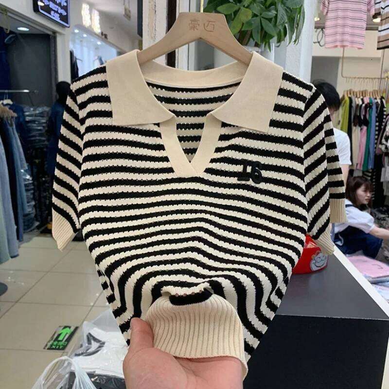 Women Short Sleeve Striped Polo Shirts Summer T-shirt Hollow Out Contrast Colors Patchwork Korean Fashion Casual Versatile Tops 26W0224